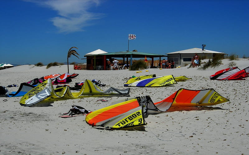 Sardinia kites on beach, kitesurf, beach, sport, water, sardinia, nature, italy, HD wallpaper