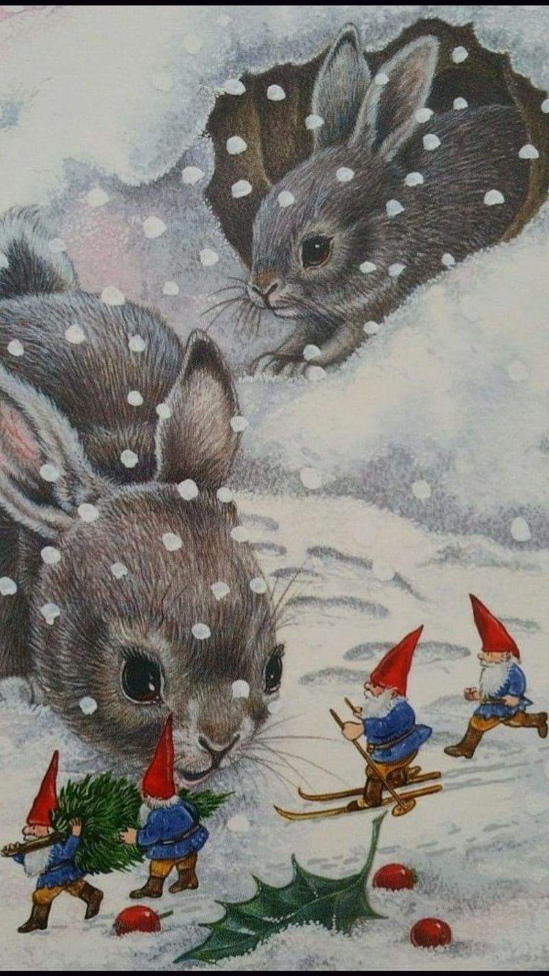 Christmas Gnomes, art, christmas, christmas bunny, christmas magic, christmas tree, gnome, snow bunnies, snowy, wintery wonderland, x-mas, HD phone wallpaper