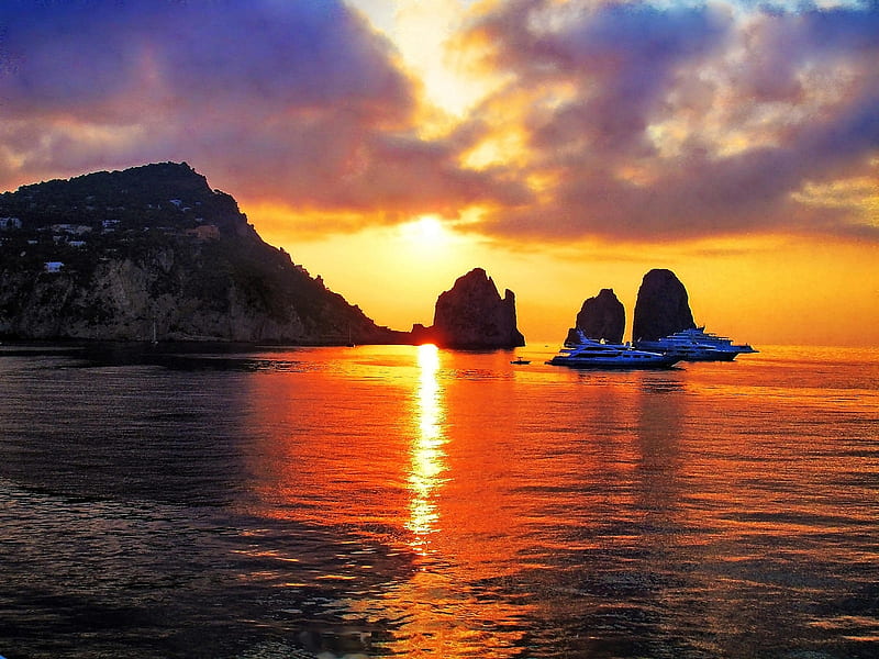 Sunset at Capri, Italy, beach, rocks, sun, clouds, sky, HD wallpaper