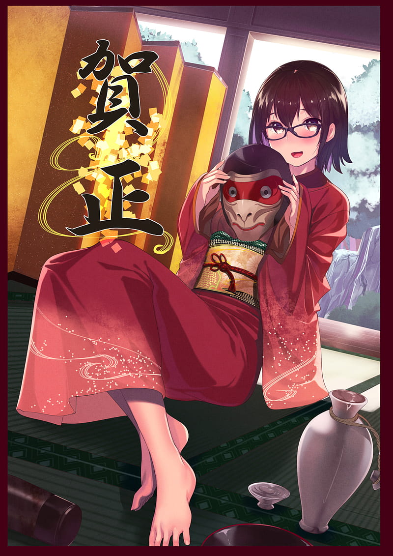 Anime girls original characters anime glasses barefoot mask kimono  HD phone wallpaper  Peakpx