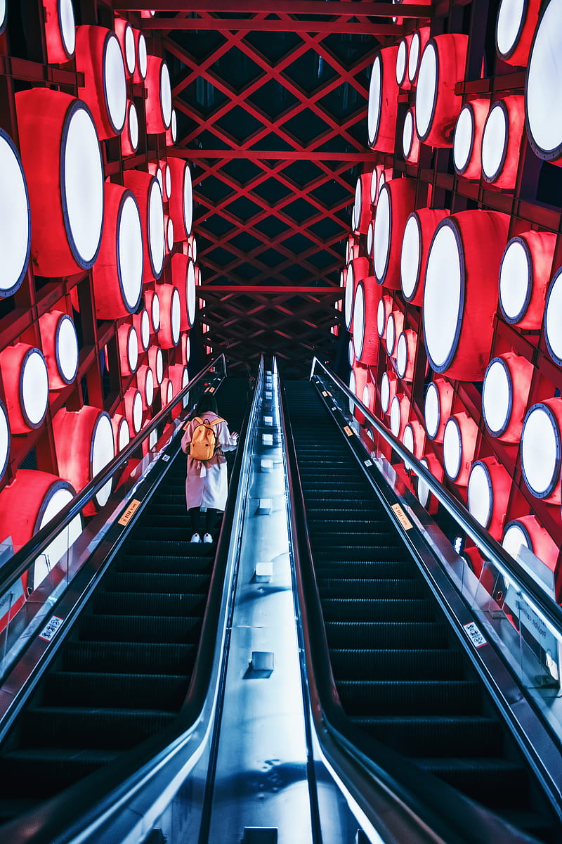 escalator, interior, lights, man, steps, red, HD phone wallpaper