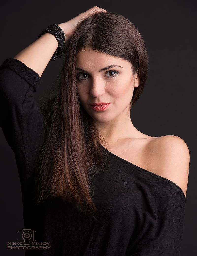 Minko Minkov, sensual gaze, brunette, black dress, bracelets, women, HD phone wallpaper