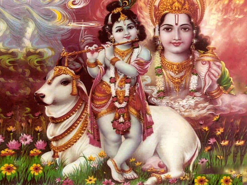 Lord Krishna as a Child and Lord Vishnu in the Skies., cow, krishna, lord,  holy, HD wallpaper | Peakpx