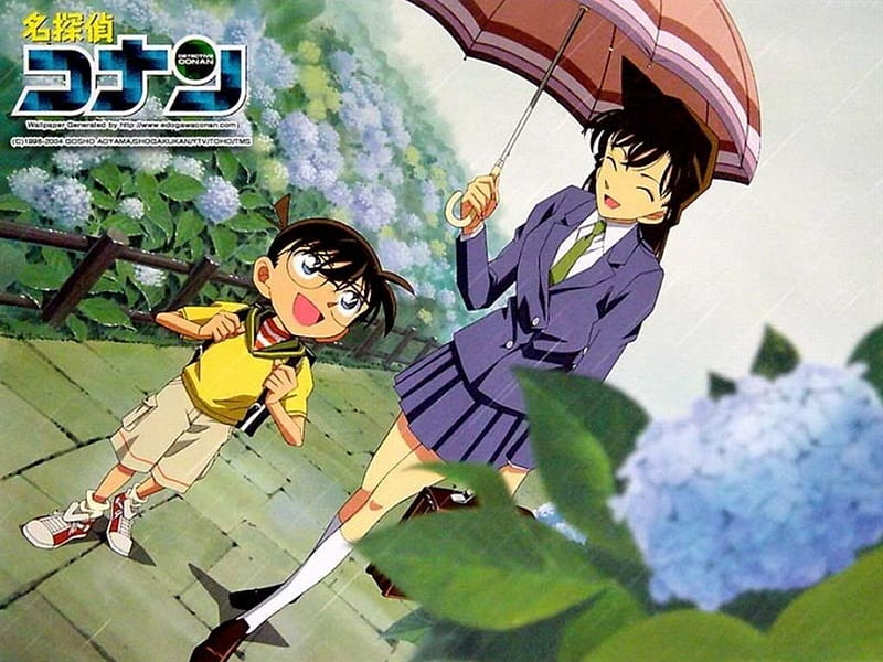 Ran & Conan, Cute, Ran Mouri, Detective Conan, Umbrella, Conan Edogawa, Flowers, HD wallpaper