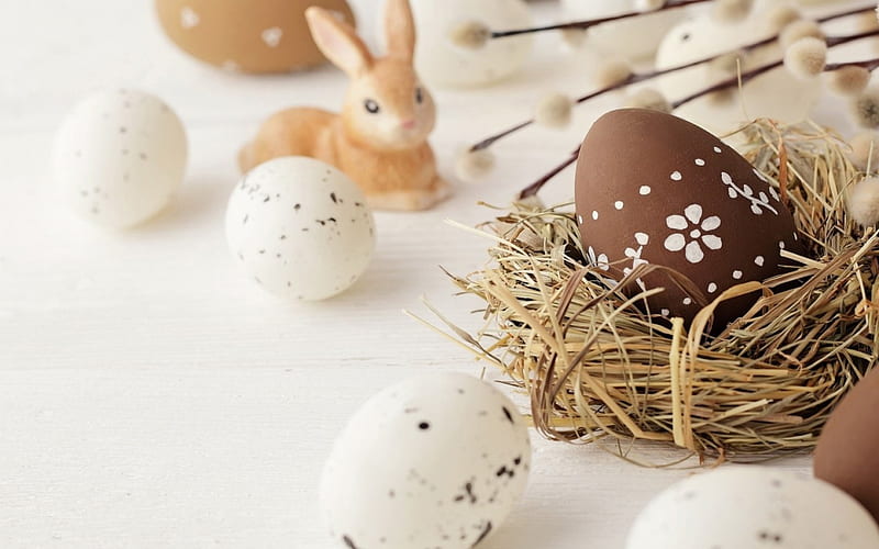 Happy Easter!, brown, chocolate, easter, spring, egg, nest, bunny, white, figurine, wood, HD wallpaper
