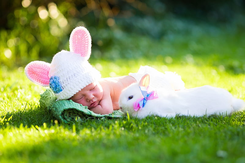 Little bunny, sleep, iepuras, ears, easter, spring, baby, green, copil, bunny, child, pink, HD wallpaper