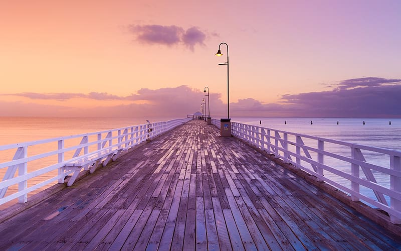 Sunset, fishing pier, Brisbane, HD wallpaper