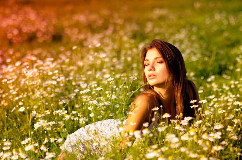 Touch of nature, sunny day, touch, lips, hair, girl, flowers, beauty ...