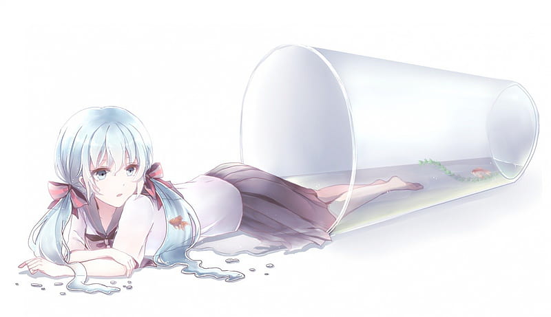 ~dom~, vocaloid, water, hatsune miku, fish, anime, big cup, bows, seaweed, HD wallpaper