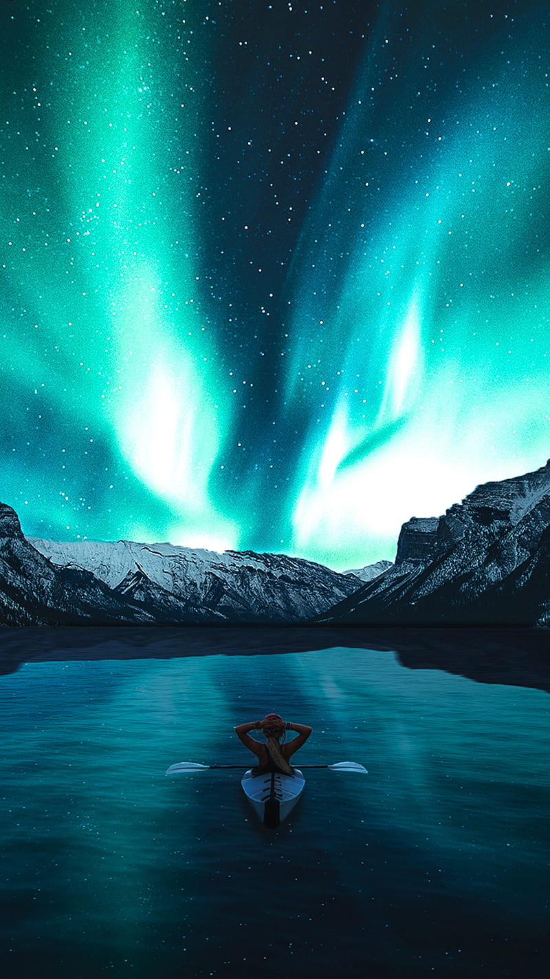 Heaven, M_A_Visuals, aurora, girl, lake, nature, night sky, sky, HD phone wallpaper