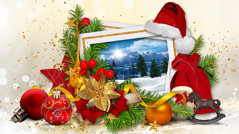 A Winter Christmas Gift rocking horse, feliz navidad, christmas, firefox persona, balls, berries, decorations, fir, santa hat, poinsettia, spruce, HD wallpaper