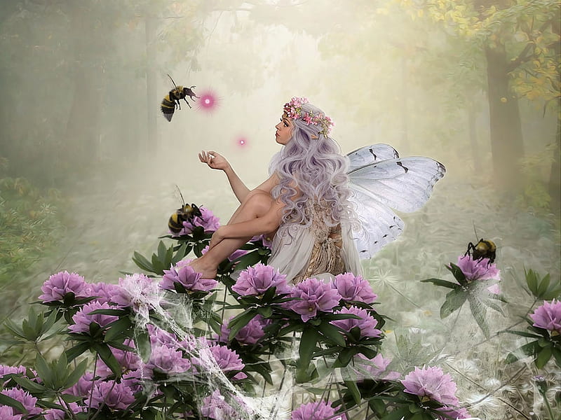 Fairy and bees, bee, melfeanen, fantasy, girl, rose, flower, pink, fairy, luminos, HD wallpaper
