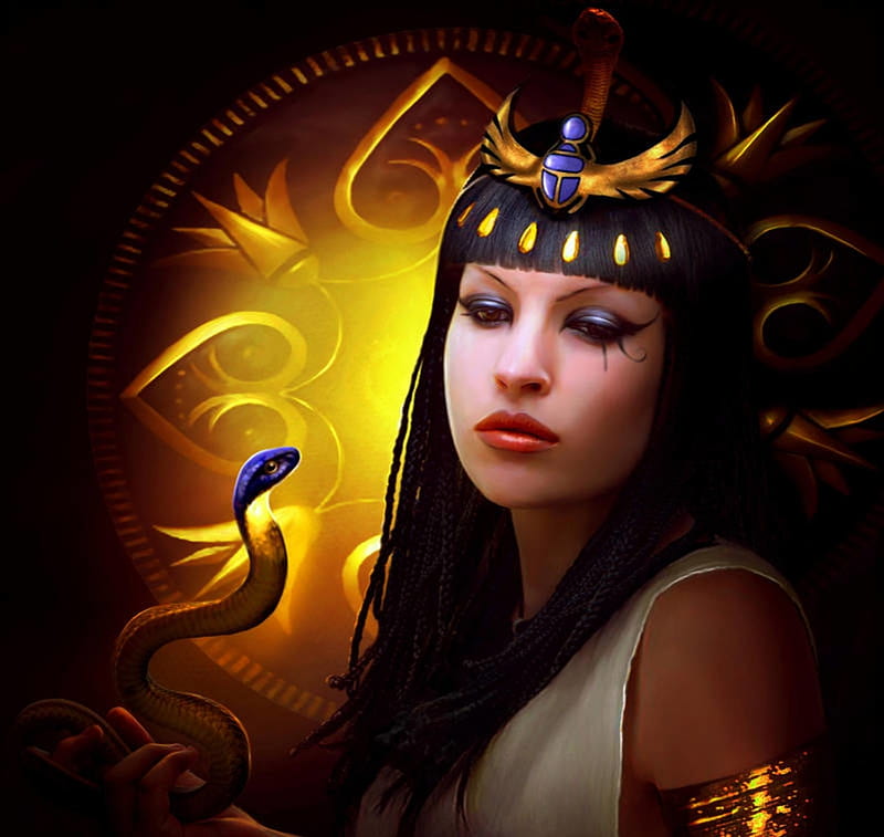 Cleopatra, queen, yellow, cobra, face, elena dudina, snake, elenadudina, fantasy, girl, HD wallpaper