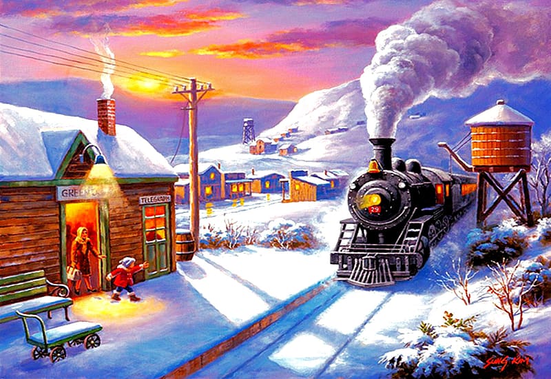 Greenville Depot, artwork, railways, station, train, locomotive, steam, mountains, sunset, painting, HD wallpaper