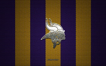 Minnesota Vikings logo, American football club, metal emblem, purple yellow metal mesh background, Minnesota Vikings, NFL, Minneapolis, Minnesota, USA, american football, HD wallpaper