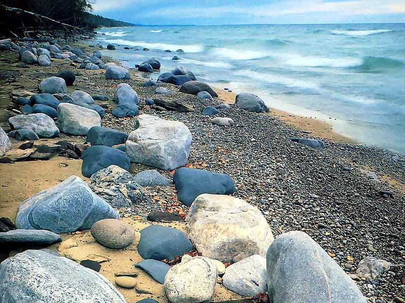 Lake Superior Shoreline, beach, rocks, shore, sand, lake, blue, HD wallpaper