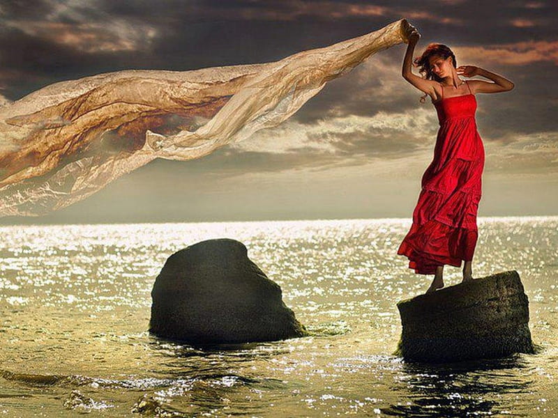 Cliff breezes, red dress, wind blown, ocean, cliff, evening, woman, HD wallpaper