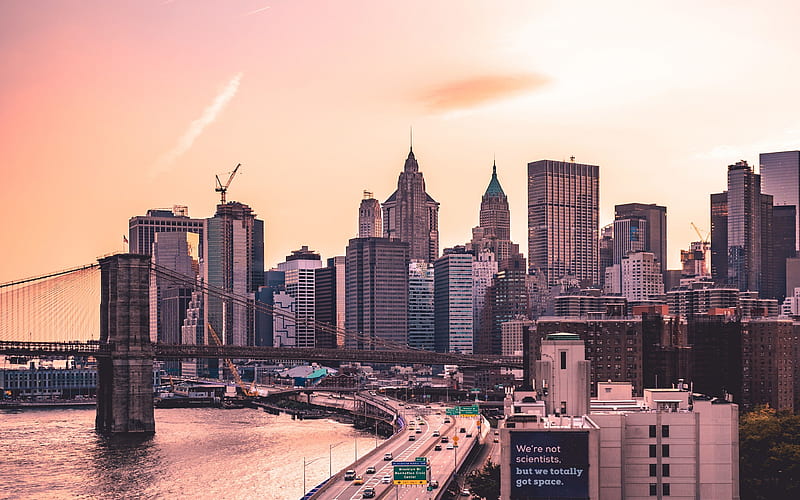Manhattan New York, Manhattan Bridge, sunset, evening city, NY, USA, America, HD wallpaper