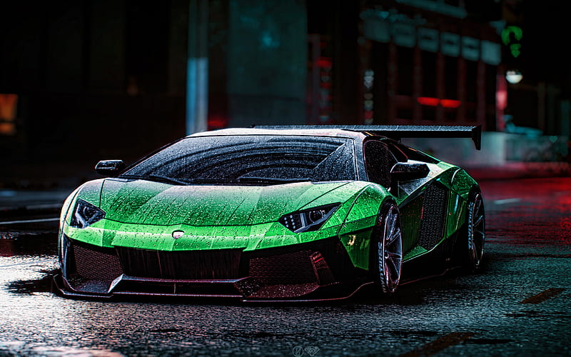 Lamborghini Aventador, rain, tuning, supercars, green Aventador, italian cars, Lamborghini, customized Aventador, HD wallpaper