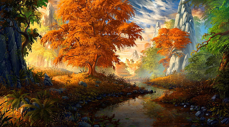 Autumn stream, stream, fall, autumn, fantasy, magical, fairytale, castle, enchanted, HD wallpaper