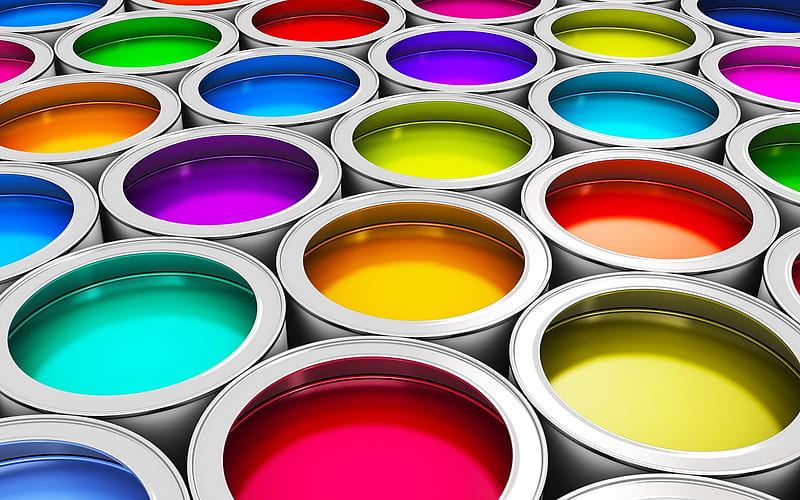 colorful paint, 3d metal cans with paint, acrylic paint, color scheme concepts, color choice, HD wallpaper