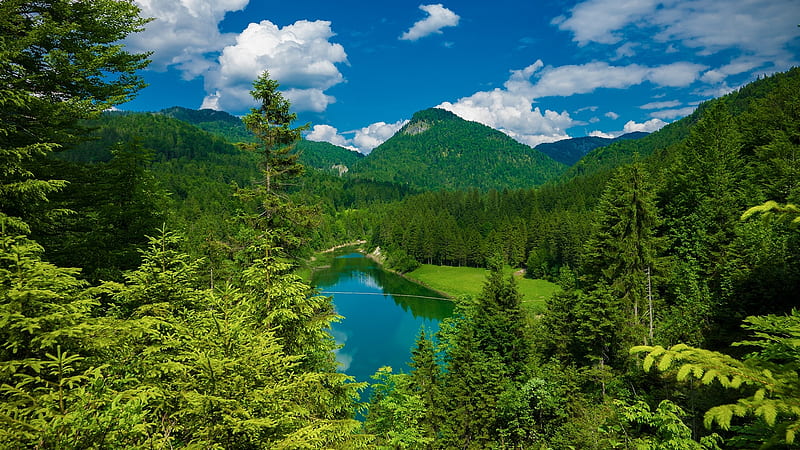 Lake Sylvenstein, Bavaria, reservoir, landscape, clouds, trees, sky, alps, mountains, forest, germany, HD wallpaper