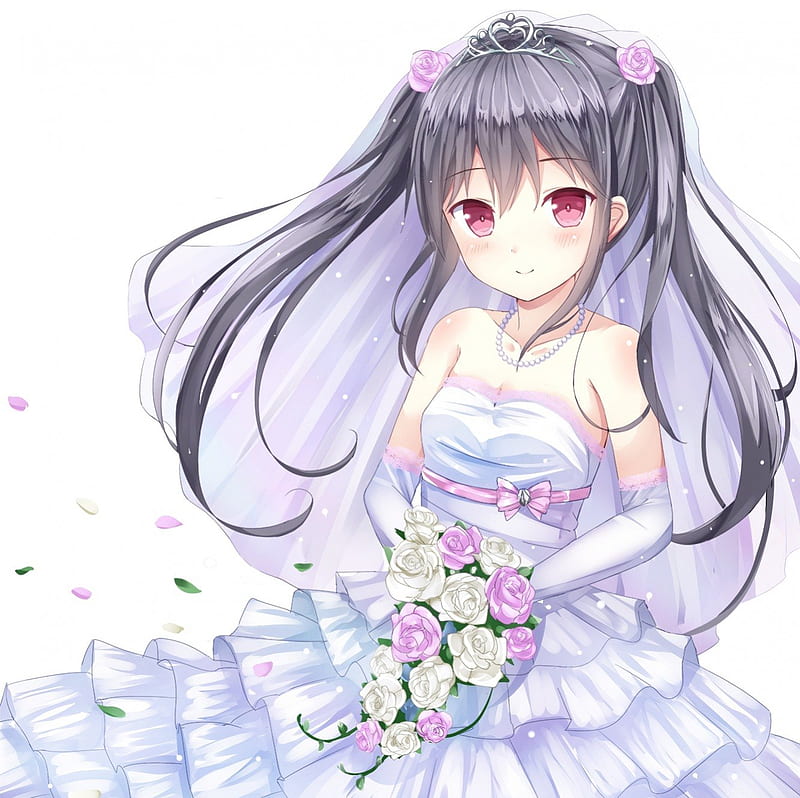 ♡ Bride ♡, pretty, veil, sweet, floral, nice, anime, beauty, anime girl, long hair, lovely, twintail, gown, sexy, cute, crown, white, dress, bride, bonito, elegant, twin tail, blossom, hot, tiara, wed, gorgeous, female, twintails, wedding, plain, twin tails, kawaii, girl, bouquet, flower, simple, petals, HD wallpaper