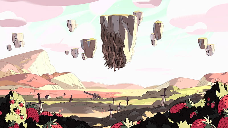 Steven Universe Stabbing Swords On Ground With Strawberry Fruits In Front Under Floating Islands With Background Of Mountain And Sky Movies, HD wallpaper