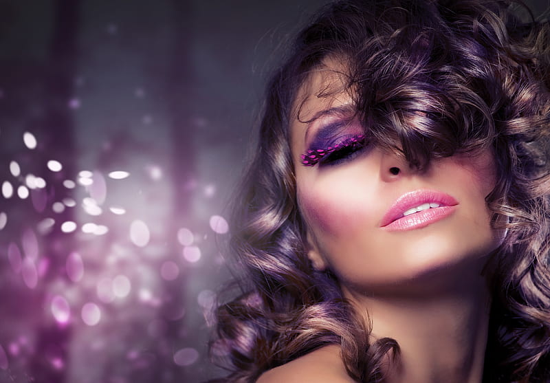 Woman, pretty, bonito, gently, glamorous, hair, graphy, nice, hot, beauty, face, pink, female, lovely, model, glitter, colors, sexy, lips, eyelashes, brunette, cool, girl, purple, makeup, lady, eyes, HD wallpaper