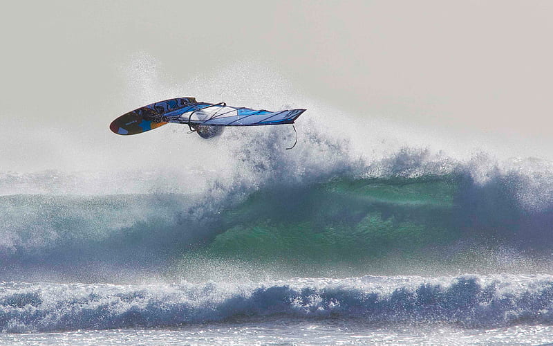 Windsurfing, big waves, extreme sports, summer, beach, ocean, waves, HD wallpaper