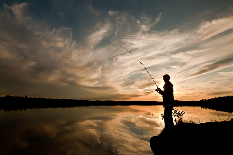 silhouette, fisherman, fishing rod, fishing, lake, dark, HD wallpaper