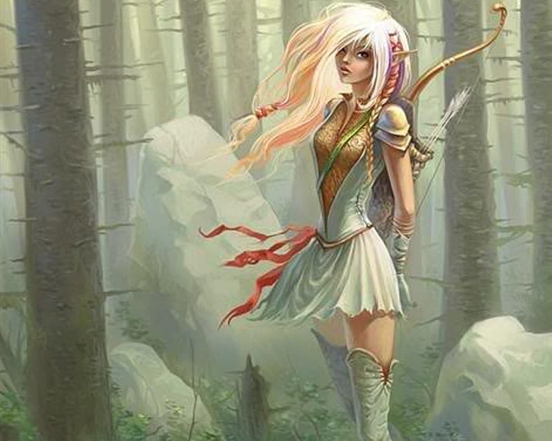 Forest Elf, forest, elf, bow, sexy, arrow, cute, fantasy, girl, jungle, hot, weapon, HD wallpaper