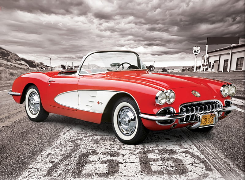 1959 Corvette on Route 66, red, route 66, corvette, car, chevy, esports, fast, HD wallpaper