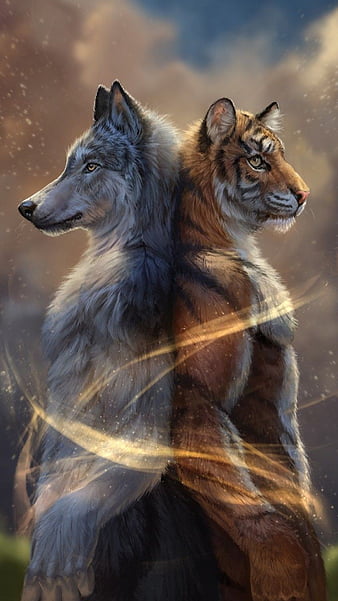 Together stronger, animals, big cat, drawings tiger, wolf, wolves, HD mobile wallpaper