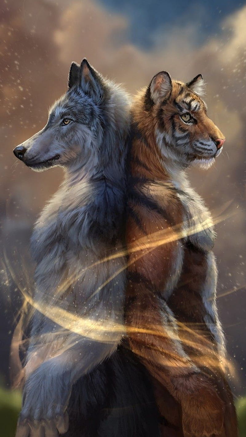 Together stronger, animals, big cat, drawings tiger, wolf, wolves, HD phone  wallpaper | Peakpx