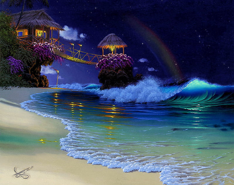 Hawaiian Magic, art, beach, waves, cabin, sea, night, HD wallpaper