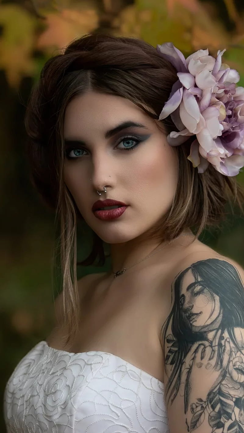 Beauty, bonito, blue eyes, briwn hair, burgundy lips, flowers, girl, portrait, HD phone wallpaper
