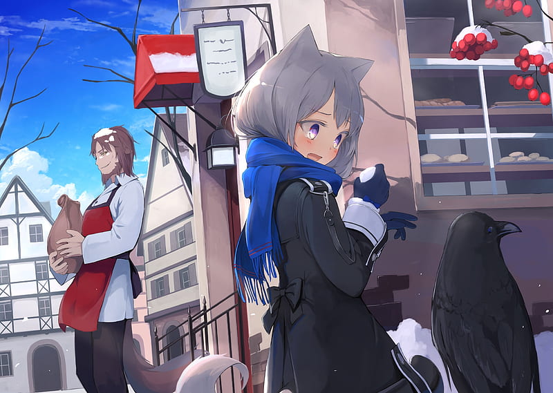 anime girl, raven, animal ears, snow, winter, blue scarf, Anime, HD wallpaper