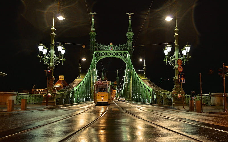 bridge, yellow tram, budapest, night city, hungary, HD wallpaper