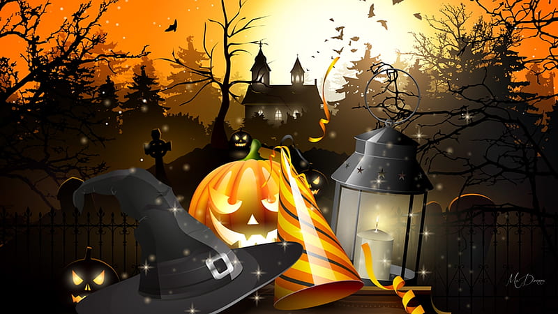 Halloween Stuff, lamp, bats, haunted house, witches hat, grave stones, hat, jack-o-lantern, full moon, party, Halloween, Firefox Persona theme, HD wallpaper