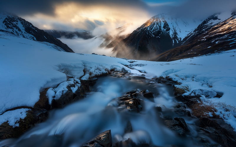 mountain river, snow, winter, evening, sunset, mountain landscape, HD wallpaper