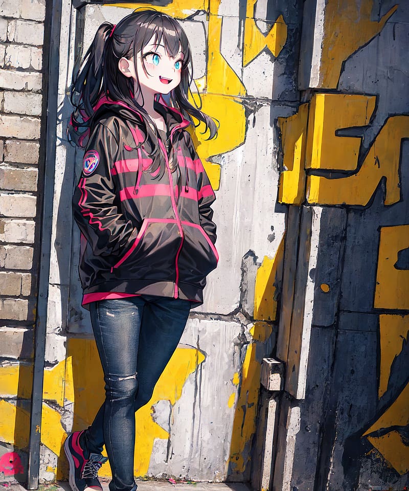 Girl With Blue Eyes Jacket Bricks Graffiti Paint Wall Anime HD