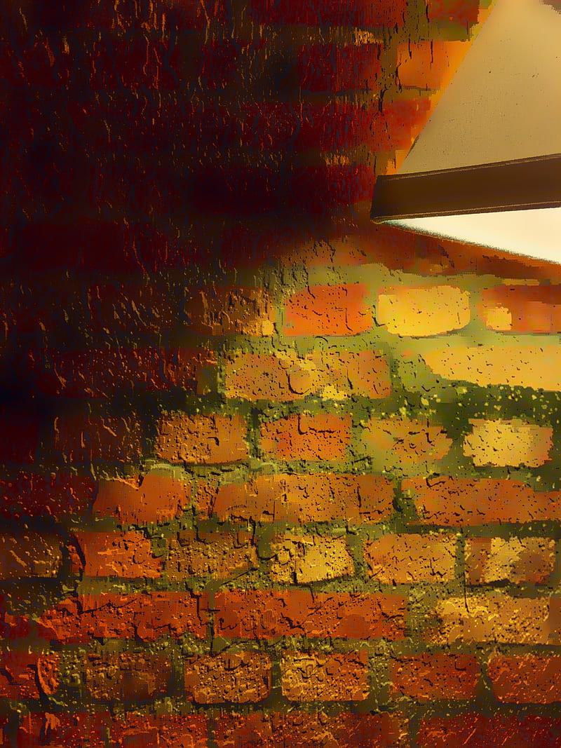 Lighted bricks, home, lamp, light, mason, natural, red, rock, stone, wall, yellow, HD phone wallpaper