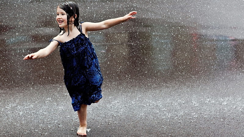 Pitter Patter Raindrops, blue dress, girl, pitter patter, raindrops, fun, rain, HD wallpaper