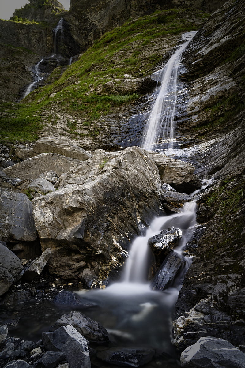 waterfall, rocks, blocks, grass, HD phone wallpaper