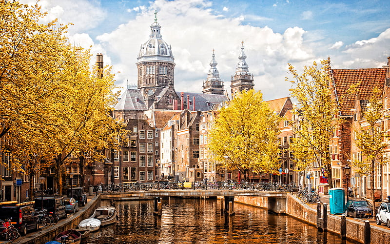 Basilica of Saint Nicholas, Amsterdam, autumn, cityscape, river, yellow trees, Amsterdam landmark, Netherlands, HD wallpaper