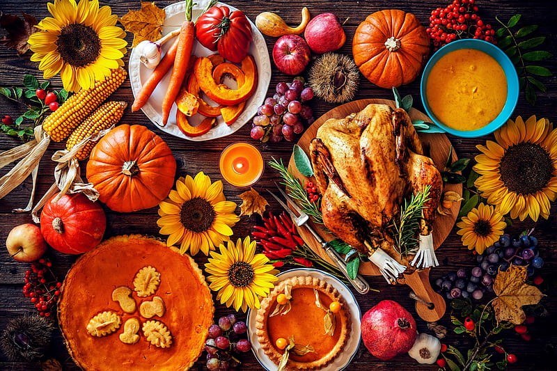 Autumn ~ Thanksgiving, Fall, fruits, Holiday, Thanksgiving, sunflowers, turkey, pie, vegetables, Autumn, pumpkins, HD wallpaper