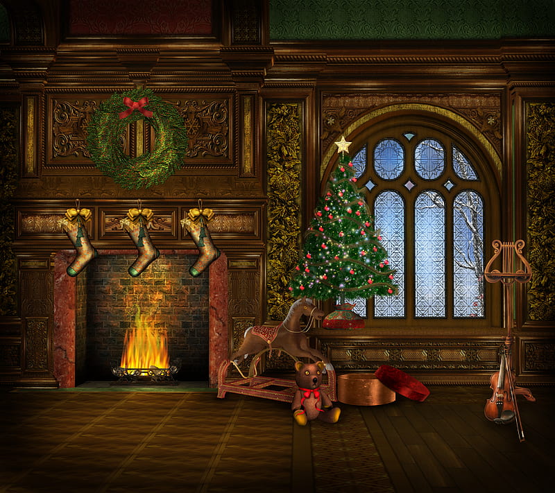 Christmas dream, architecture, pretty, wreath, christmas tree, home, bear, box, bonito, fireplace, graphy, nice, beauty, room, toys, amazing, violin, lovely, window, holiday, christmas, music, gift, horse, fire, cool, merry christmas, HD wallpaper