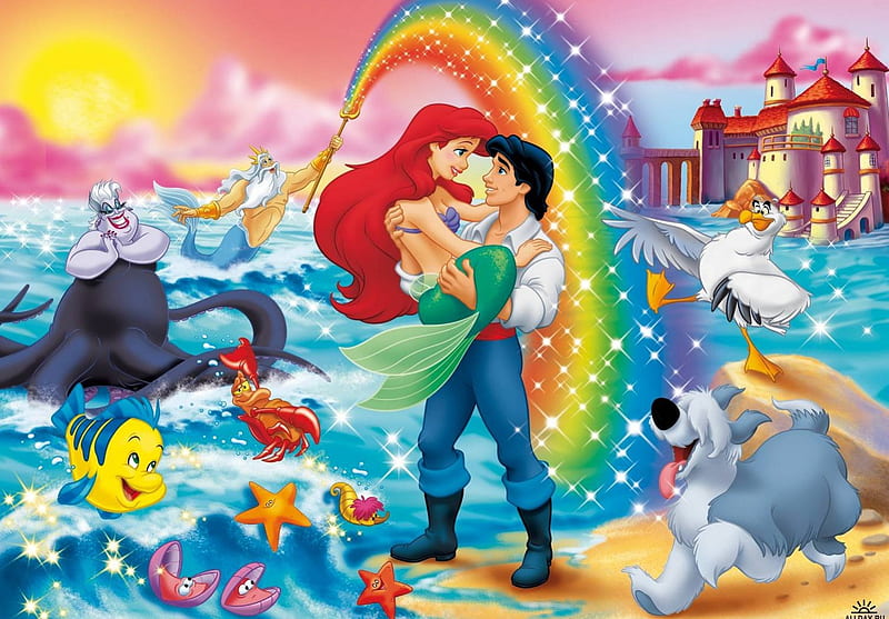 The Little Mermaid, Ariel, Rainbow, Disney, Walt Disney, Eric, Flounder, Ursula, HD wallpaper
