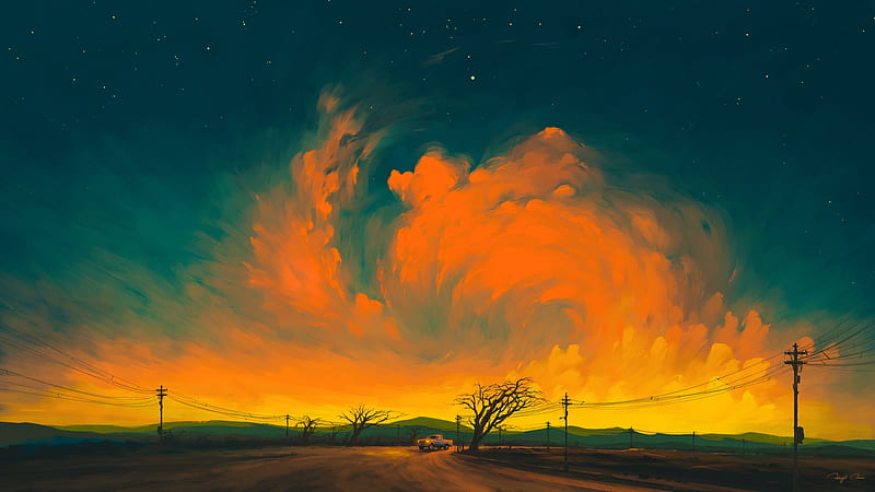 Artistic, Landscape, Night , Sky , Car , Cloud , Power Line, HD wallpaper